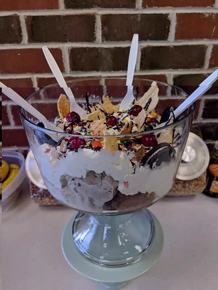 The Mountain: eight scoops with whipped cream, cherries, waffle pieces and toppings in a big glass bowl, served in-store only