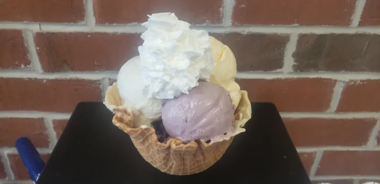 Two-scoop sundae with whipped cream in a homemade waffle bowl