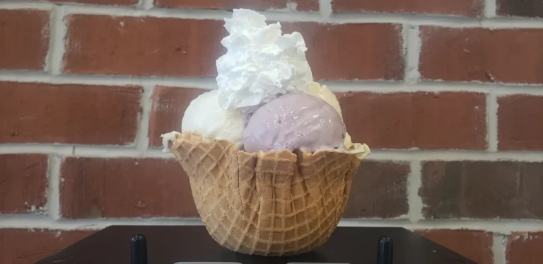 Homemade waffle bowl with vanilla and black raspberry scoops and whipped cream